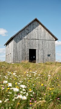Rustic Wooden Barn Standing Majestically in Open Countryside, Bright Daylight Illuminating Weathered Timber, Wildflowers Blooming in Foreground, Vibrant Blue Sky, Capturing Rural Serenity