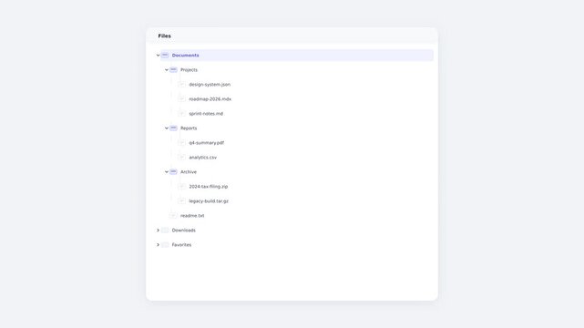 Wireframe folder tree sidebar with expand collapse chevrons and file