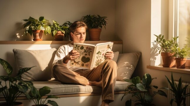 Young Man Relaxing with Botanical Book in Sunlit Room, Surrounded by Lush Indoor Plants, Warm Afternoon Light Streaming Through Window, Earthy Tones, Capturing Peaceful Solitude and Nature Connection