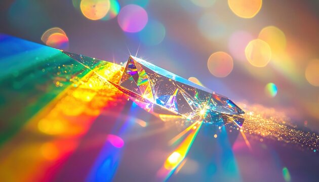 Abstract colorful prism reflection with rainbow spectrum, crystal flare, glowing highlights and soft blurred background