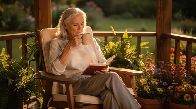 Elderly Woman Relaxing with a Book and Coffee on a Sunlit Porch Surrounded by Vibrant Flowers, Warm Golden Light, Cozy Wooden Chair, Tranquil Garden Setting, Capturing Peaceful Solitude and