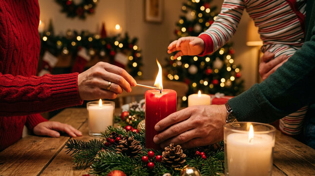 Family lighting a festive red Christmas candle
