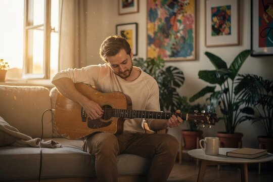 Young Man Playing Acoustic Guitar in Cozy Living Room, Warm Sunlight Streaming Through Window, Surrounded by Houseplants and Colorful Artwork, Soft Earth Tones, Capturing Creative Serenity