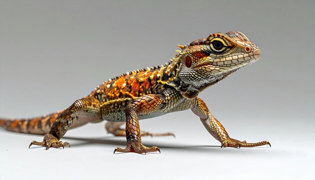 Oriental garden lizard walking naturally, detailed reptile anatomy, realistic wildlife photography, isolated subject