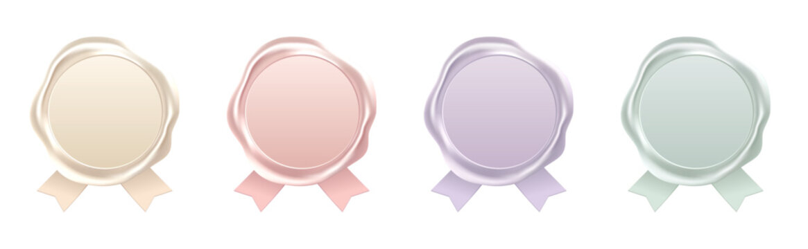 Wax seal stamp vector set in pastel colors with blank space and ribbon isolated on white background