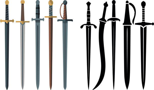 Art & IllustrationMedieval Sword Vector Collection with Flat Colorful Elements and Black Weapon Silhouettes for Knight Game and Historical Combat Graphic Designs