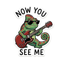Naklejka premium Cool cartoon chameleon wearing sunglasses playing electric guitar with text now you see me sticker design.