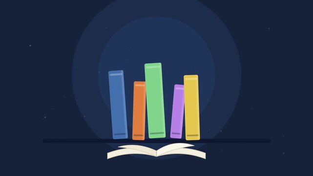 Colorful books bobbing on a shelf with a fluttering open book