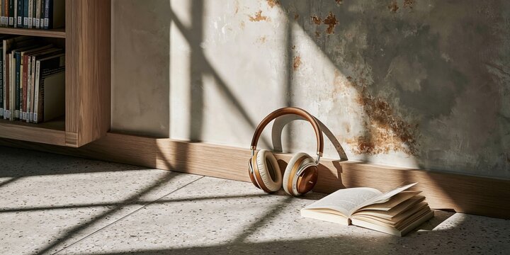 Giant over-ear headphones resting on a terrazzo library floor beside an open book, featuring a sunlit matte finish for audiobook and literacy campaigns with copy space
