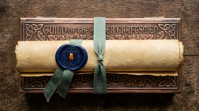 Macro Overhead Blank Amber Guild Membership Scroll on Copper Embossed Case with Sage Ribbon and Indigo Seal