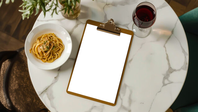 Restaurant menu clipboard mockup photo on marble table with pasta