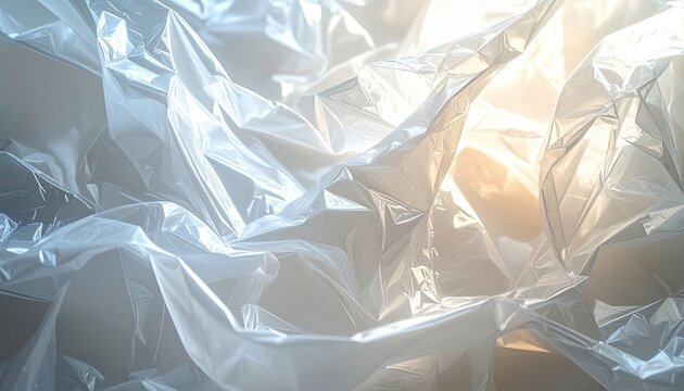 Crumpled transparent plastic film texture with distorted highlights and wrinkles, soft white illumination, abstract material background