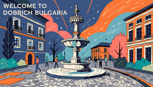 Welcome to Dobrich, Bulgaria: Stylized Fountain and European Street Scene with Colorful Buildings and People