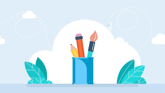 Creative office workspace concept, graphic design supplies or artwork icon. School education, artist studio toolkit. Blue stationery holder cup with pencil pen and paintbrush. 2d flat animation. Video