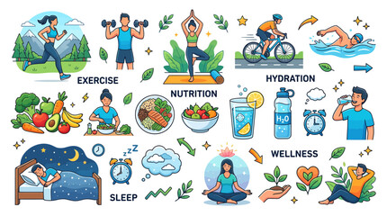 Fototapeta premium Healthy Lifestyle and Wellness Activities Illustration Set.