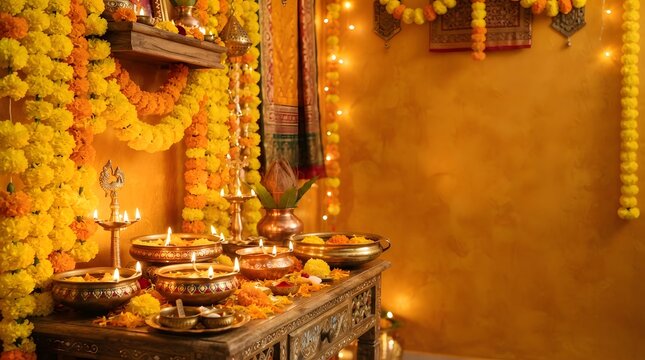 Traditional indian festive home decoration with marigold flowers and lit oil lamps on a wooden table for diwali celebration