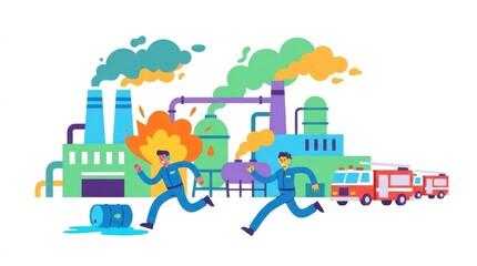 Naklejka premium Industrial accident with factory fire and fleeing workers illustration