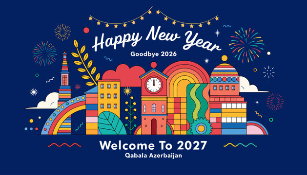 Happy New Year 2027 Skyline Celebration with Fireworks and Rainbow in Qabala, Azerbaijan
