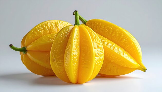 Fresh yellow star fruit with distinctive ridges and glossy skin, realistic tropical fruit photography, isolated object, clean edges, commercial stock image