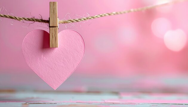 pink heart-shaped paper note pinned with wooden clothespin, romantic stationery, soft pastel aesthetic