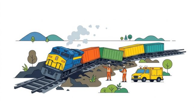 Illustration of a freight train derailment and emergency response