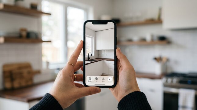 Hands holding smartphone using augmented reality application to visualize interior design changes in a modern kitchen, featuring virtual furniture placement tools