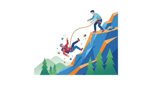 Illustration of a climber falling off a cliff with safety rope