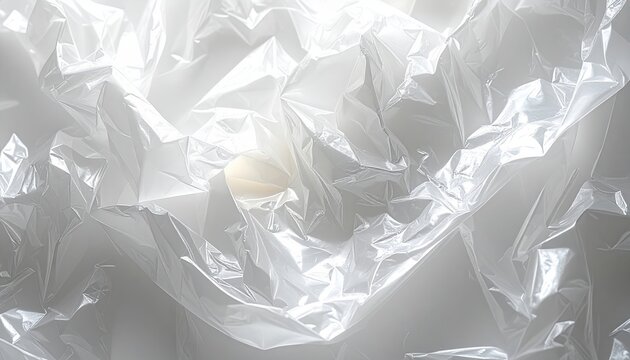 Crumpled transparent plastic film texture with distorted highlights and wrinkles, soft white illumination, abstract material background