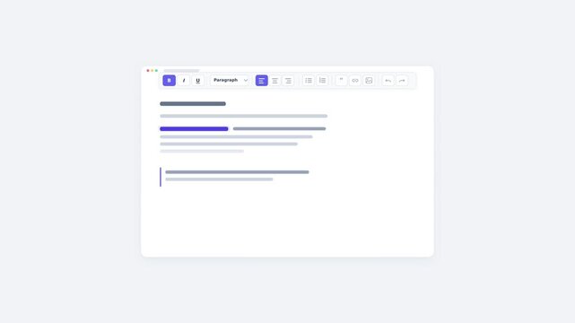 Wireframe rich text formatting toolbar with toggling style buttons and