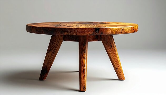 Round wooden side table with four sturdy legs and natural wood grain, minimalist home furniture, realistic product photography, isolated object