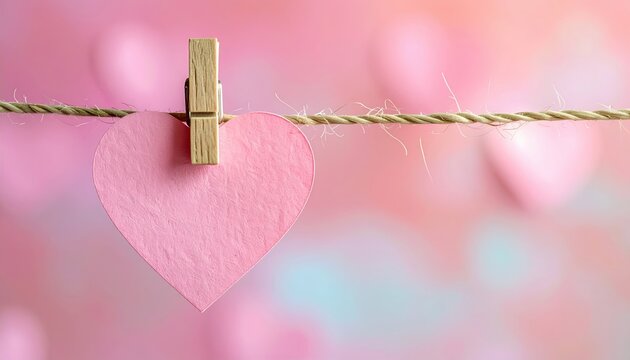 pink heart-shaped paper note pinned with wooden clothespin, romantic stationery, soft pastel aesthetic