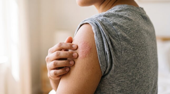 Woman scratching red itchy skin rash on upper arm, suffering from allergy, eczema, dermatitis or insect bite reaction, view of irritated body part needing medical treatment