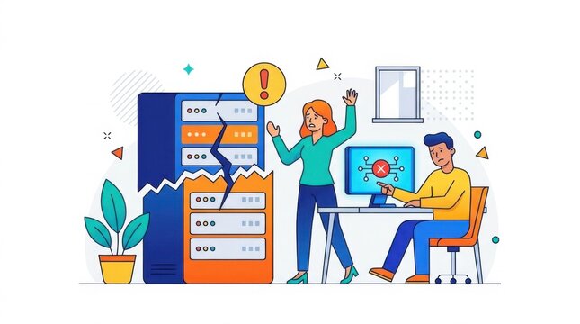 Vector illustration of server crash and system failure in an office