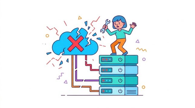 Woman fixing a broken cloud server with a wrench illustration