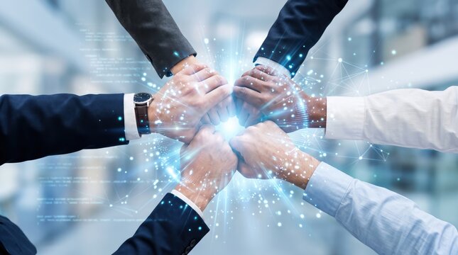 Diverse business team joining hands together in unity symbolizing successful collaboration and partnership, glowing digital effects represent innovation and synergy in corporate