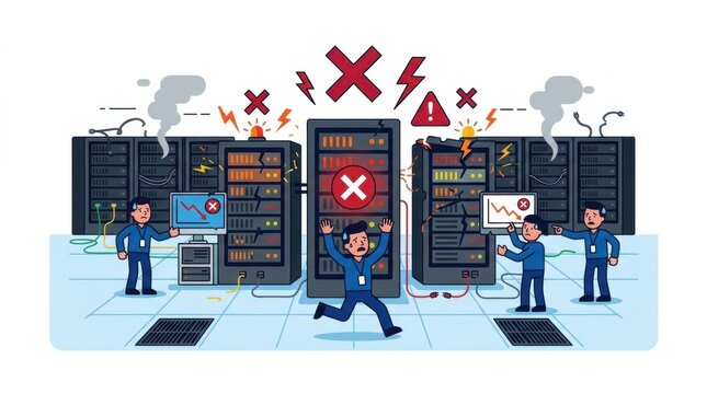 Cartoon illustration of a data center server crash and IT crisis