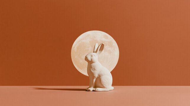 Ceramic rabbit figurine sitting before a glowing amber full moon on a warm copper surface, with matte texture and copy space for a greeting card