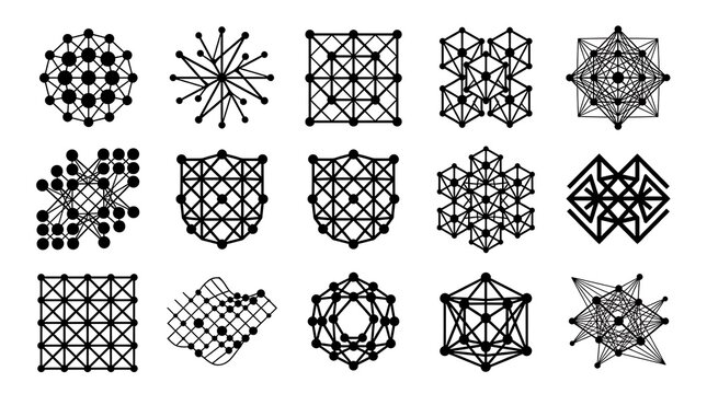 Geometric neural network icons, 15 black abstract technology symbols, digital connectivity and data science graphics on white background