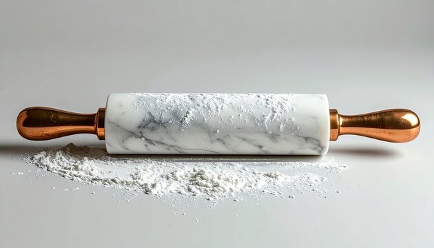 White marble rolling pin with copper handles lightly covered in flour, realistic kitchen utensil photography, isolated object