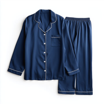 Dark blue silk button up pajama set isolated on white background