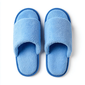Pair of blue soft plush home slippers isolated on white background