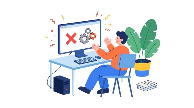 Man Facing Computer System Error and Technical Problem Illustration