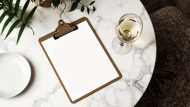 Restaurant menu clipboard mockup photo on marble table with white wine