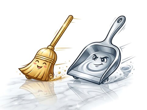 Cartoon broom and dustpan characters racing, cute cleaning tools with faces, housekeeping equipment illustration on white background