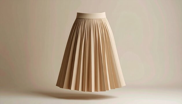 Beige pleated women skirt with vertical folds and elegant midi length, fashion product photography