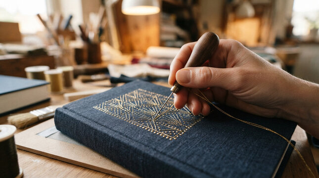 Handcrafted Bookbinding Process with Gold Embroidery in Studio