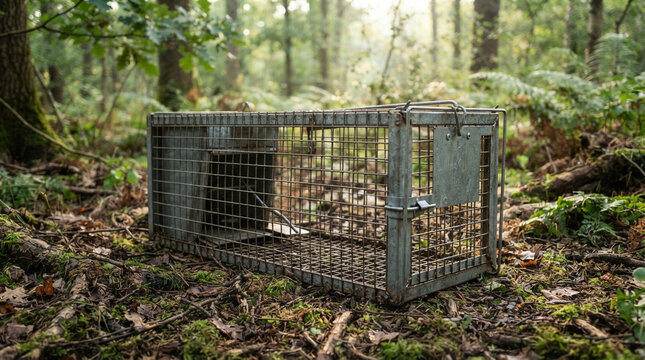 Humane metal wire animal trap on a sunlit forest floor