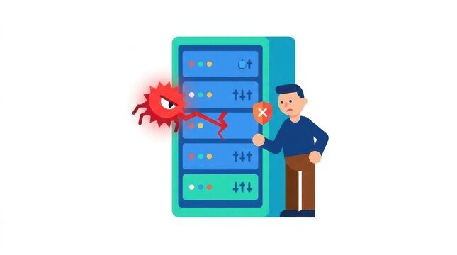 Malware Virus Attacking Data Server Rack with Worried Technician