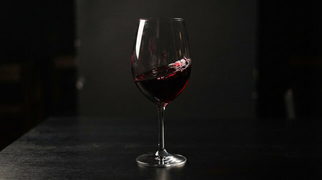 Red wine swirling in a glass on a dark wooden table