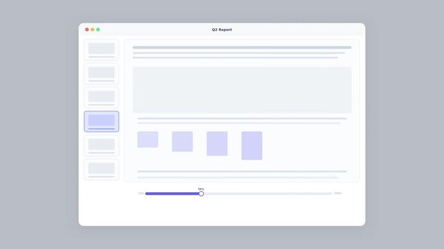 Wireframe document preview modal with page thumbnails